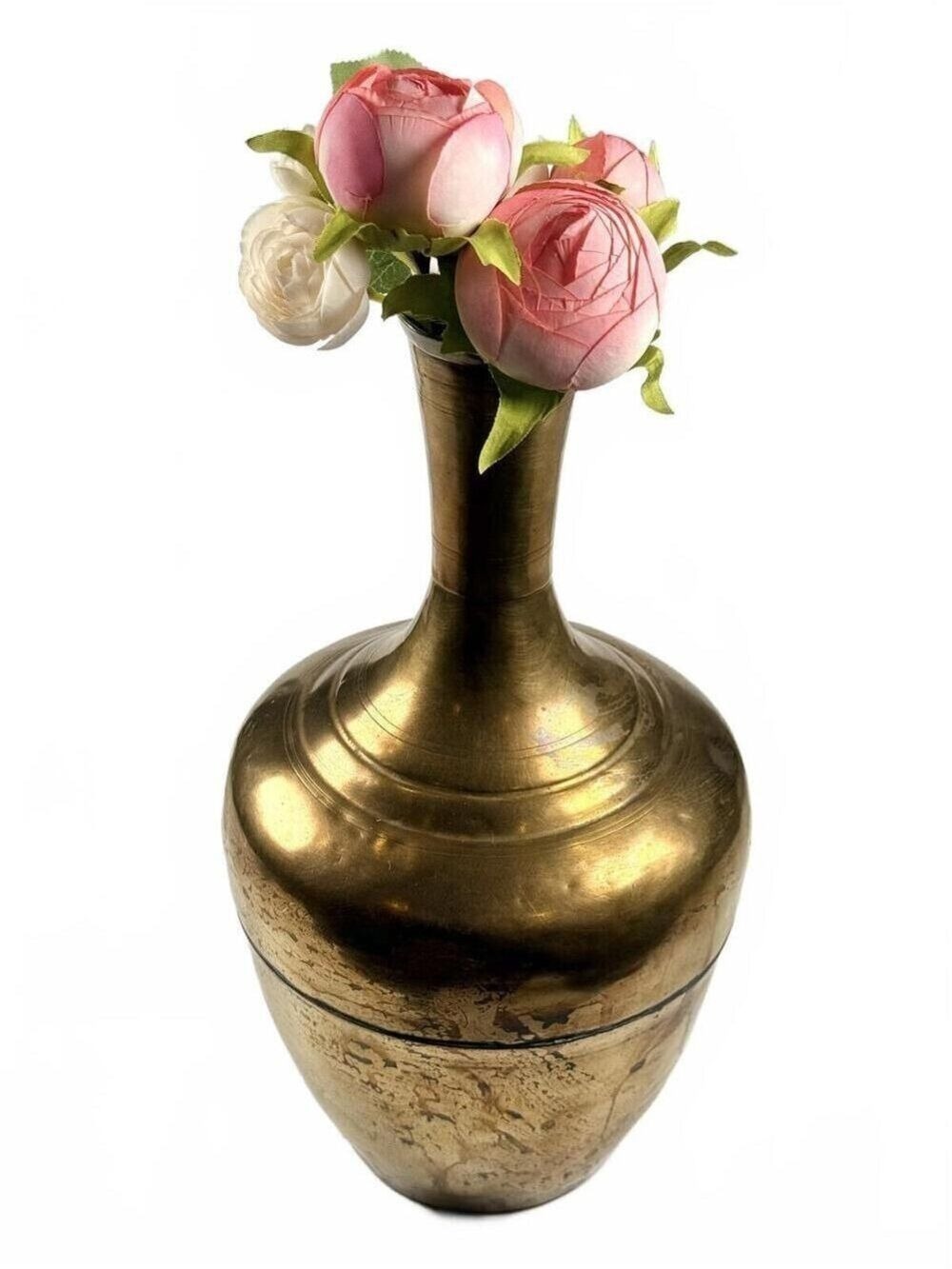 Vintage Bursa Turkey Brass Vase Turned Long Neck Bulbous Ottoman Metalwork 13in